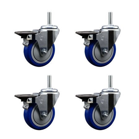 Service Caster 4 Inch Blue Polyurethane Wheel Swivel 58 Inch Threaded Stem Caster Set with Brake SCC SCC-TS20S414-PPUB-BLUE-PLB-58212-4